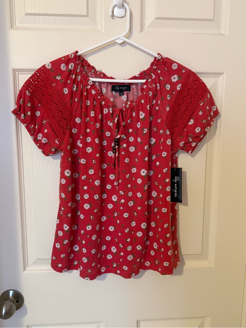 Red Floral Peasant Top with Lace Yoke